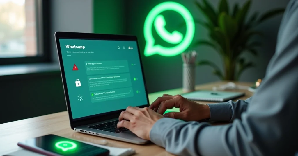 Profissional usando computador com painel da API oficial do WhatsApp para recuperar número banido
