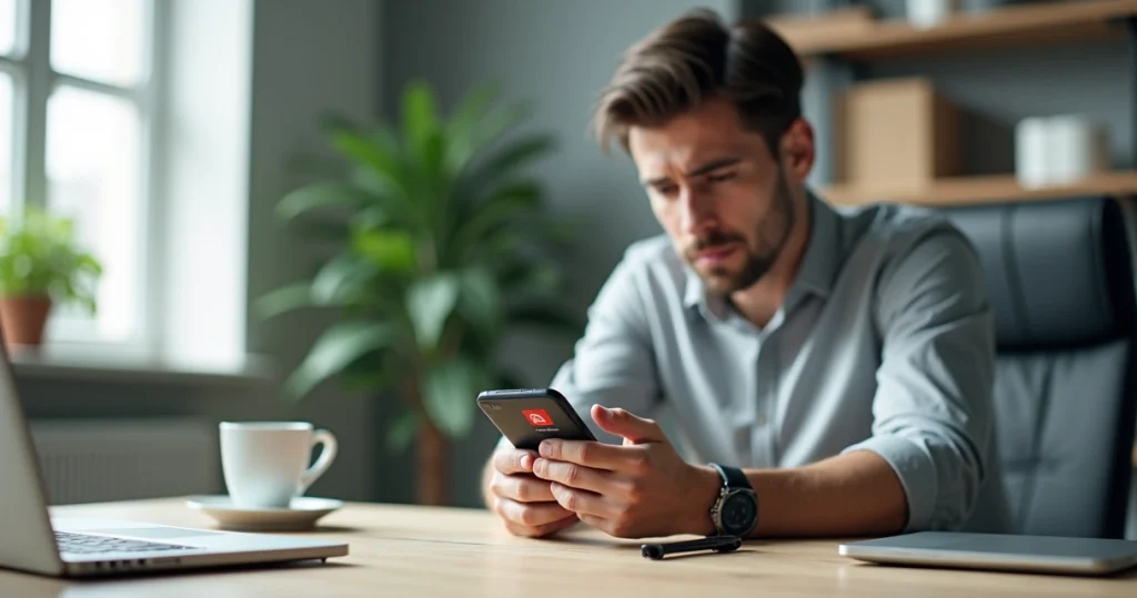Empresário preocupado olhando celular com tela de WhatsApp bloqueado