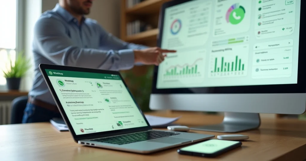Gestor financeiro acompanhando cobranças recorrentes automatizadas no WhatsApp Business em tela de computador