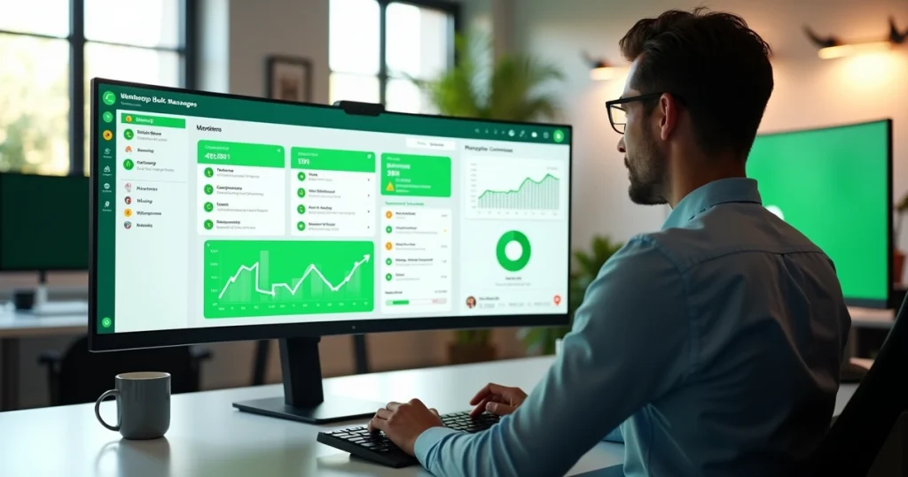 Gestor observando painel de disparos em massa no WhatsApp com alertas de segurança e conformidade