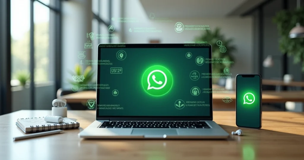 Profissional usando notebook exibindo tela do WhatsApp com ícones de segurança e escudo de proteção ao redor