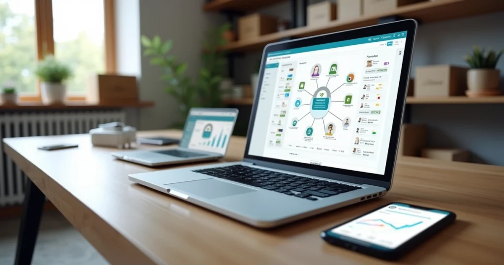Dashboard de loja virtual com integrações conectadas em tela de notebook