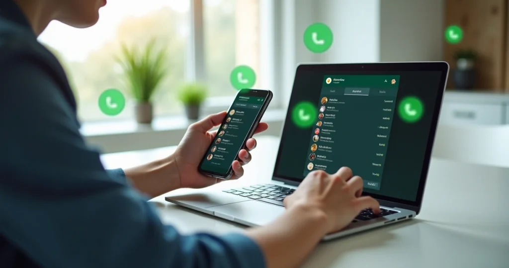 Pessoa usando notebook e celular para recuperar contatos bloqueados no WhatsApp