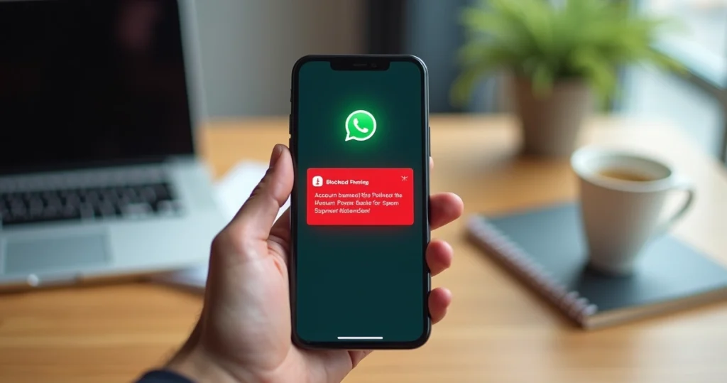 Tela de celular com alerta de WhatsApp bloqueado por suspeita de spam