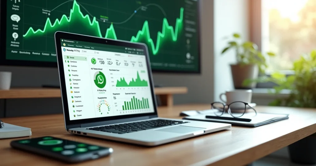 Dashboard de marketing mostrando métricas de conversão do WhatsApp em tela de notebook