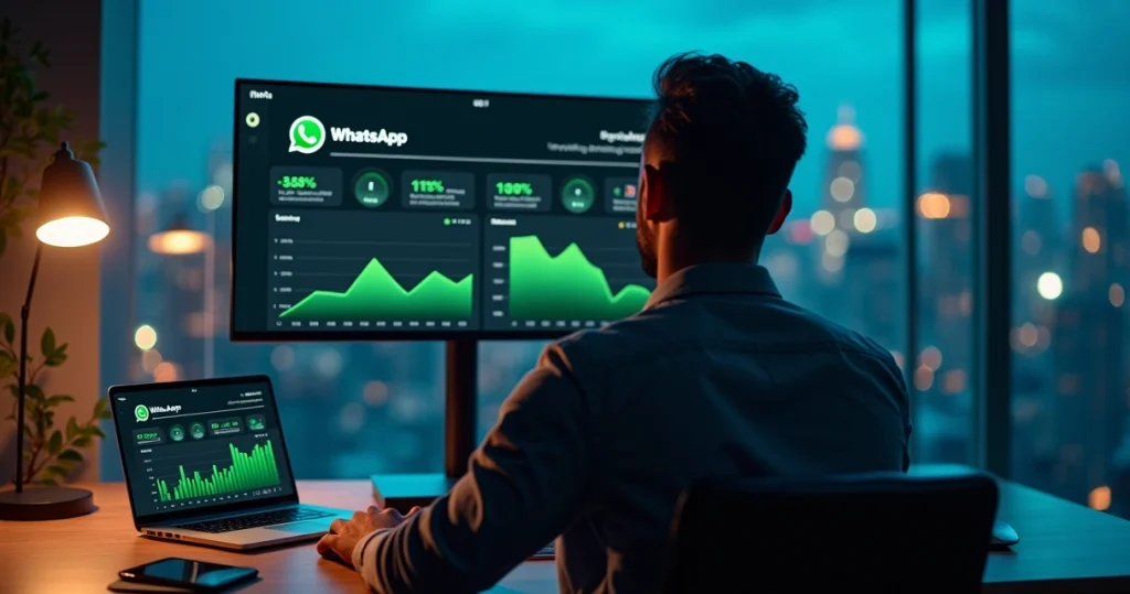 Painel com logo da Meta e WhatsApp exibindo alta taxa de entrega de mensagens