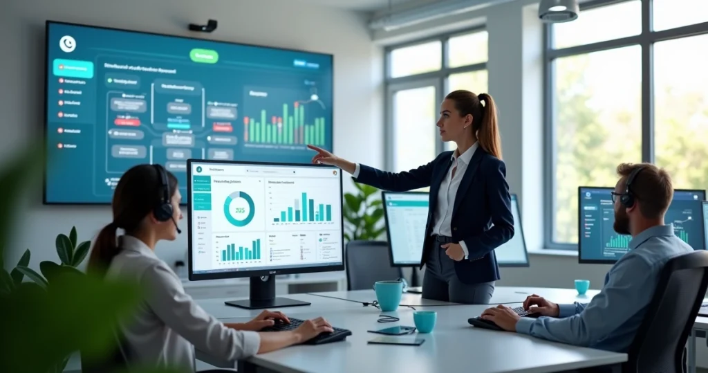 Equipe de atendimento usando vários canais digitais em uma central moderna