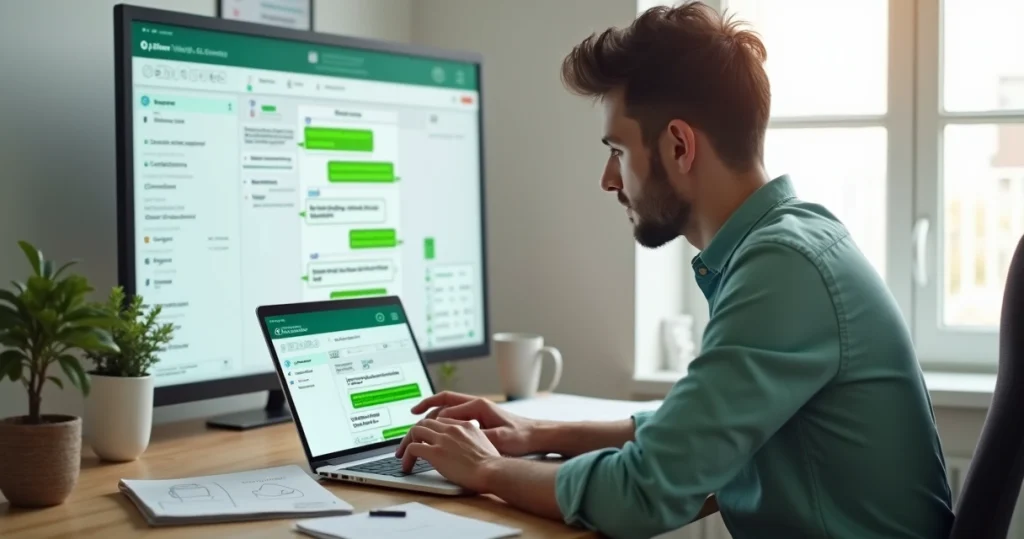 Tela de WhatsApp com fluxo automatizado de vendas ao lado de empreendedora analisando gráficos no notebook