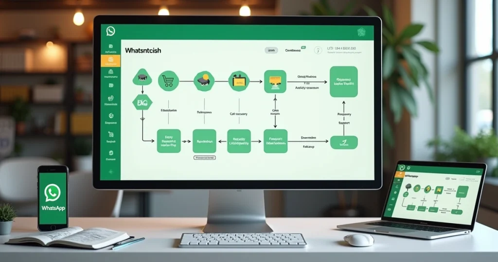 Painel de automação visual do WhatsApp em computador com fluxos conectados