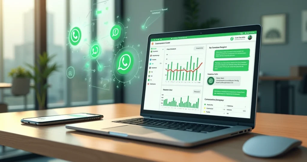 Tela de computador com dashboard de vendas e chatbot conversando com cliente no WhatsApp