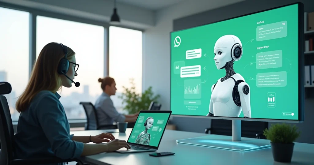 Executivo atendendo cliente ao lado de chatbot em tela dividida no escritório