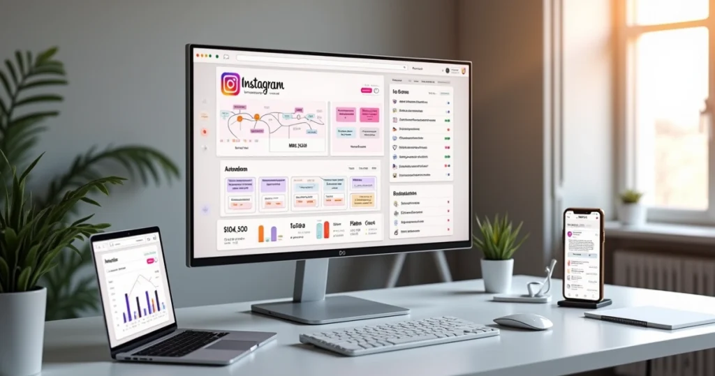 Painel de CRM com automações conectadas ao Instagram em tela de computador