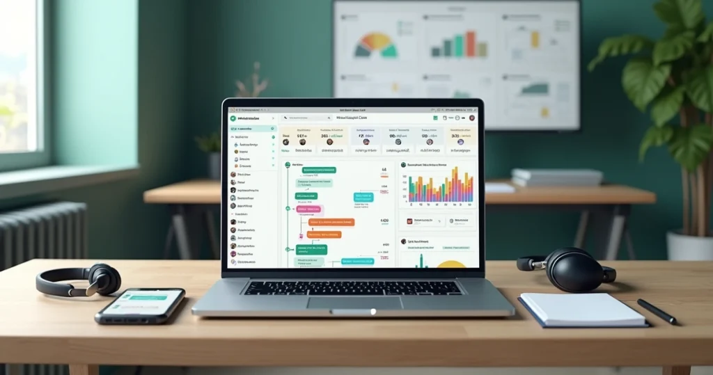 Painel de CRM para WhatsApp com funil de vendas e conversas centralizadas na tela do notebook