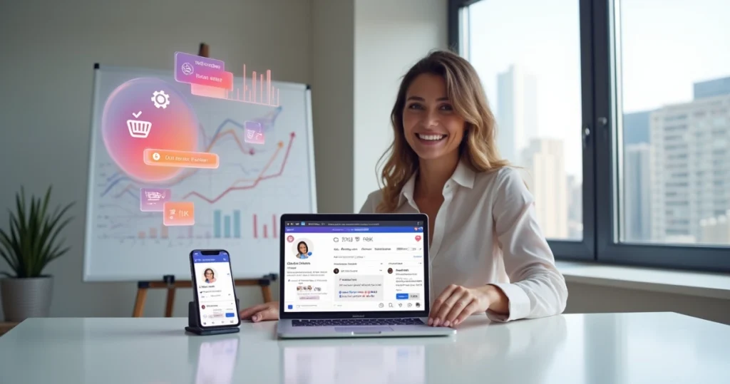 Empresária usando automações de Instagram para monitorar vendas no notebook