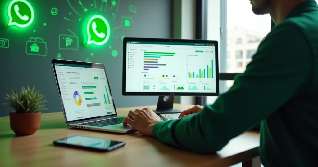 Profissional analisando leads frios no computador com painel de WhatsApp aberto