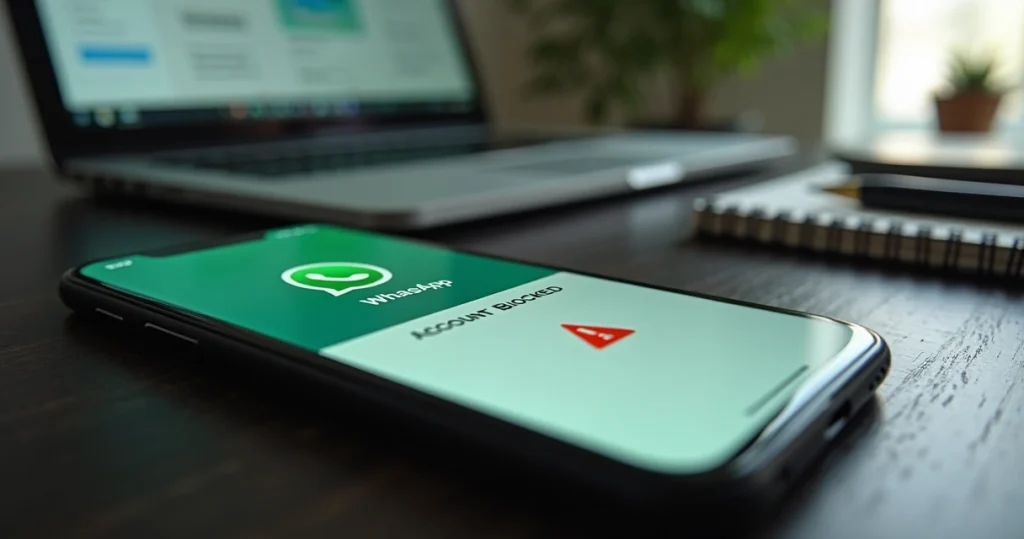 Tela de celular mostrando WhatsApp bloqueado com ícone de alerta vermelho