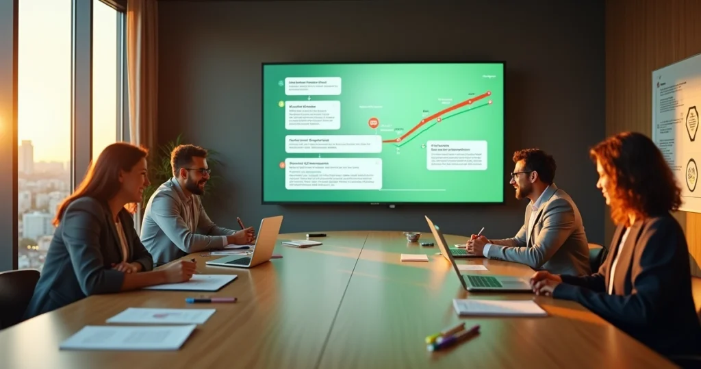 Equipe de marketing ajustando painel de mensagens no WhatsApp em sala de reunião