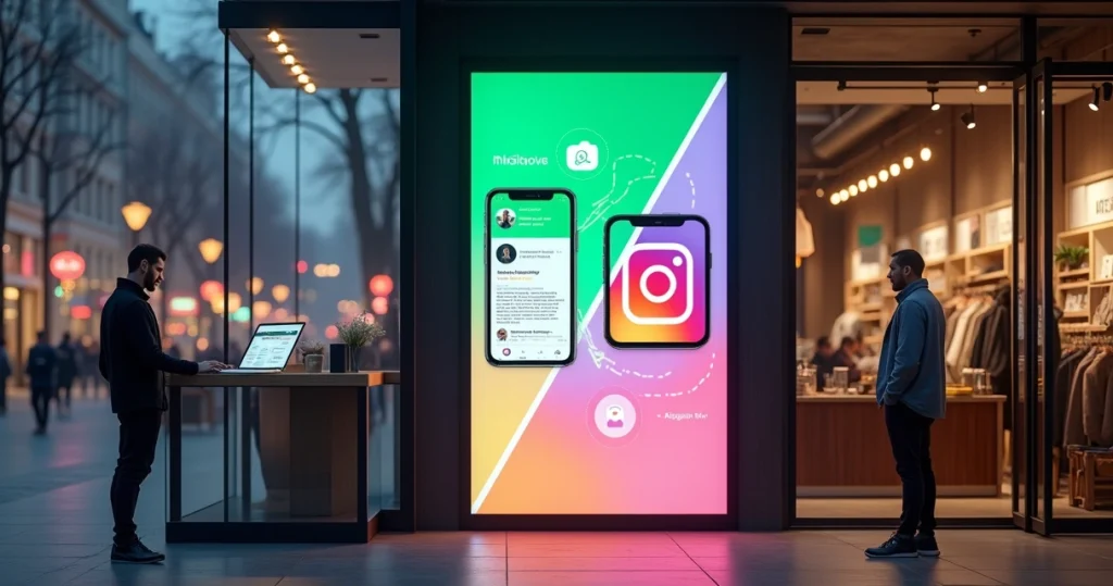 Vitrine de loja física mostrando conexão entre Instagram e WhatsApp em telão digital