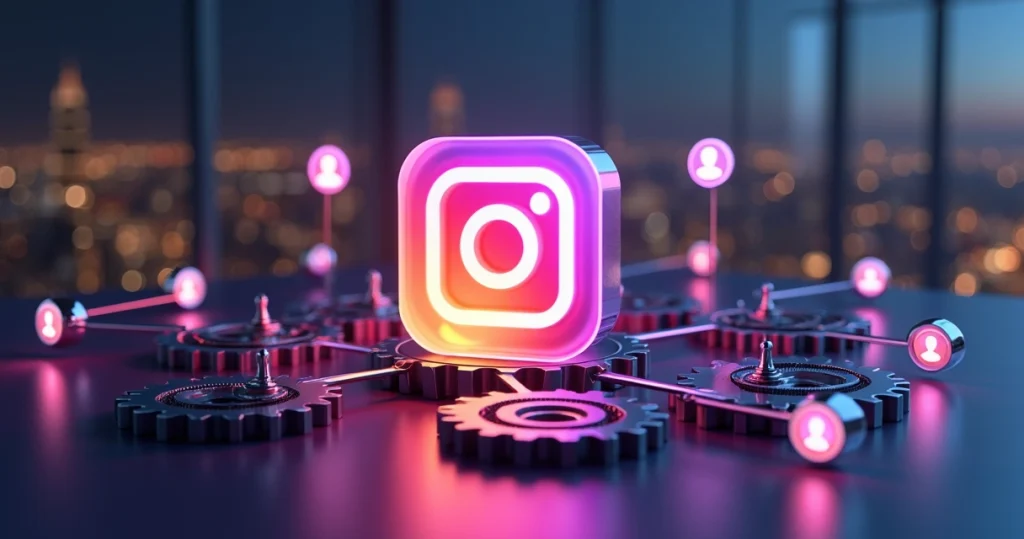 Engrenagens de automação conectadas a ícones de clientes e Instagram