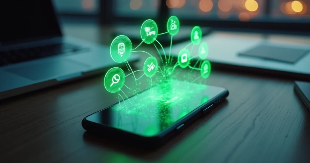 Fluxo automatizado de ícones acionando mensagens no WhatsApp em tela de smartphone
