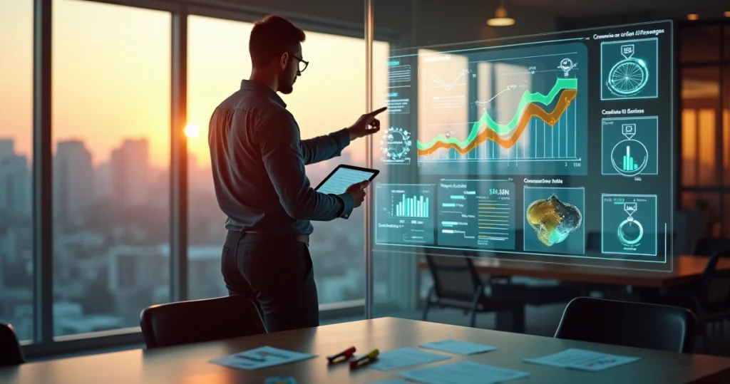Gestor analisa mural transparente com indicadores de vendas e automação