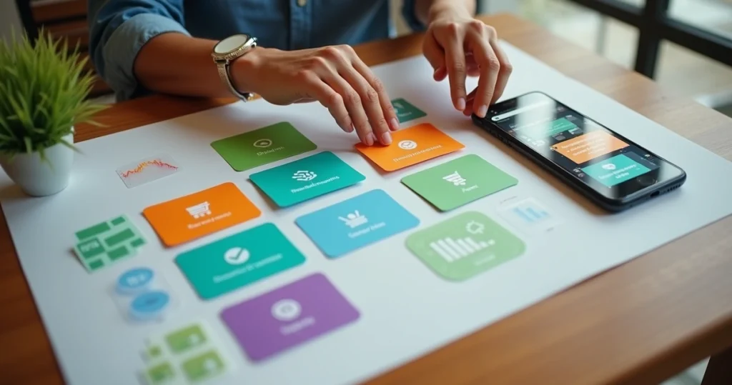 Mesa com cartões de clientes coloridos sendo organizados por categorias ao lado de smartphone com tela do WhatsApp
